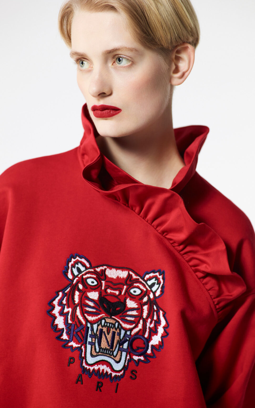 Kenzo Frilled Tiger Sweatshirt Bayan Kırmızı | 3948-QSIWU